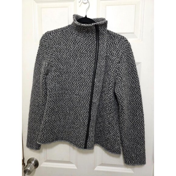 Eileen Fisher Italian Yarn Wool Blend Gray Herringbone Asymmetrical Zip Jacket W - Picture 2 of 10